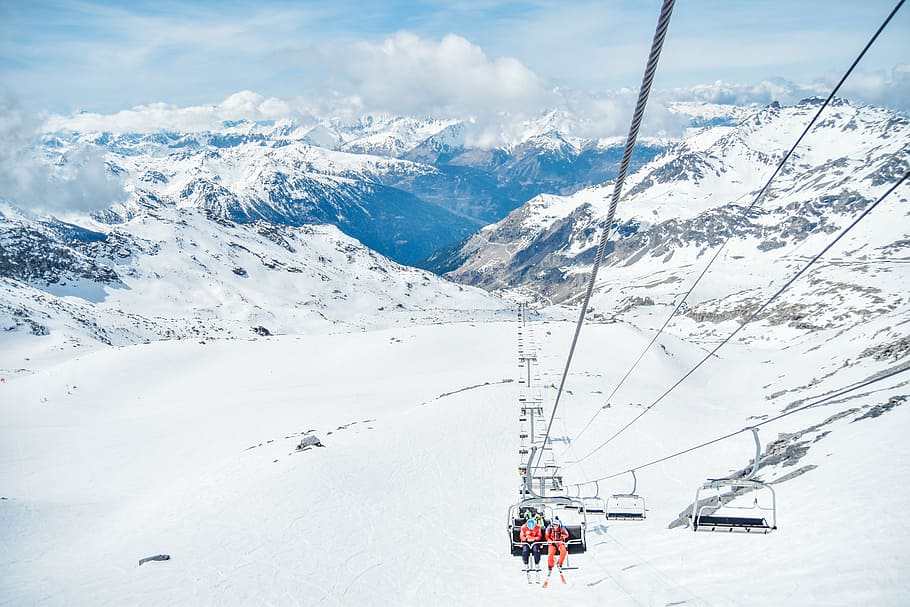 two person riding cable tram, snow, winter, white, cold, weather HD wallpaper