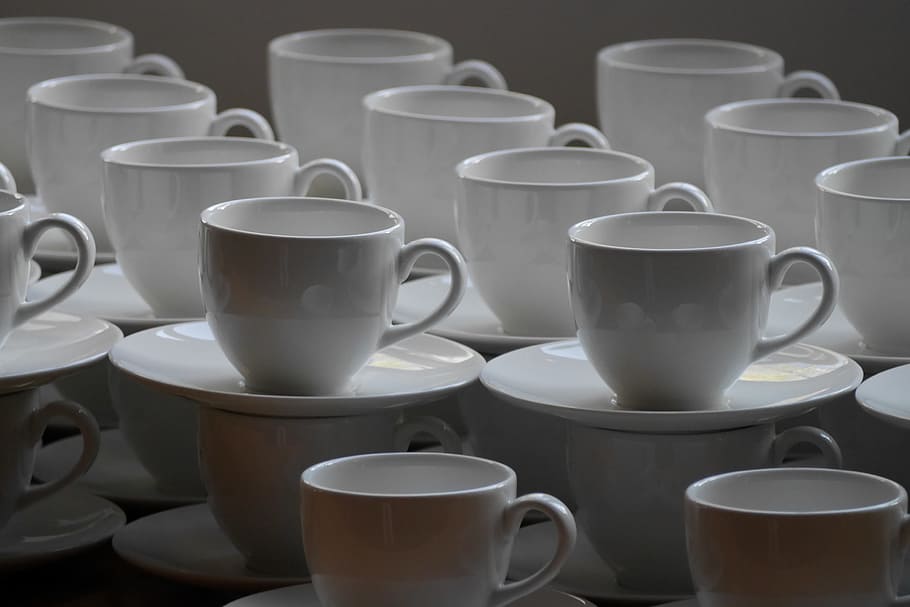 white ceramic mug and saucer plate lot, coffee, tea, cocoa HD wallpaper