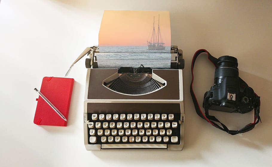 black DSLR camera and white typewriter, ship, sail, imagination HD wallpaper