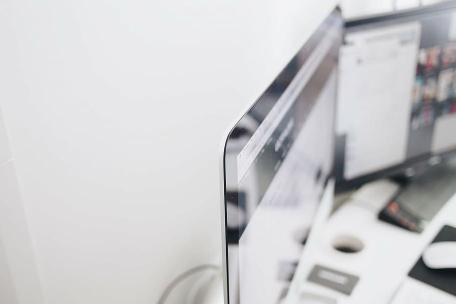 blur, close-up, computer, contemporary, desk, focus, furniture HD wallpaper