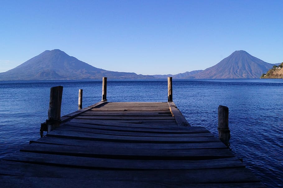 Lake, Dock, Volcano, mountain, mountain range, blue, pier, scenics HD wallpaper