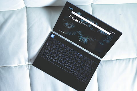 open black laptop computer, black laptop computer on white sofa HD wallpaper