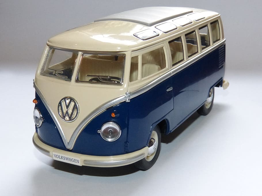 blue and white Volkswagen toy car, van, miniature, mode of transportation, HD wallpaper