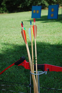 bow, arrow, archery, target, game, sport, red, grass, focus on foreground HD wallpaper