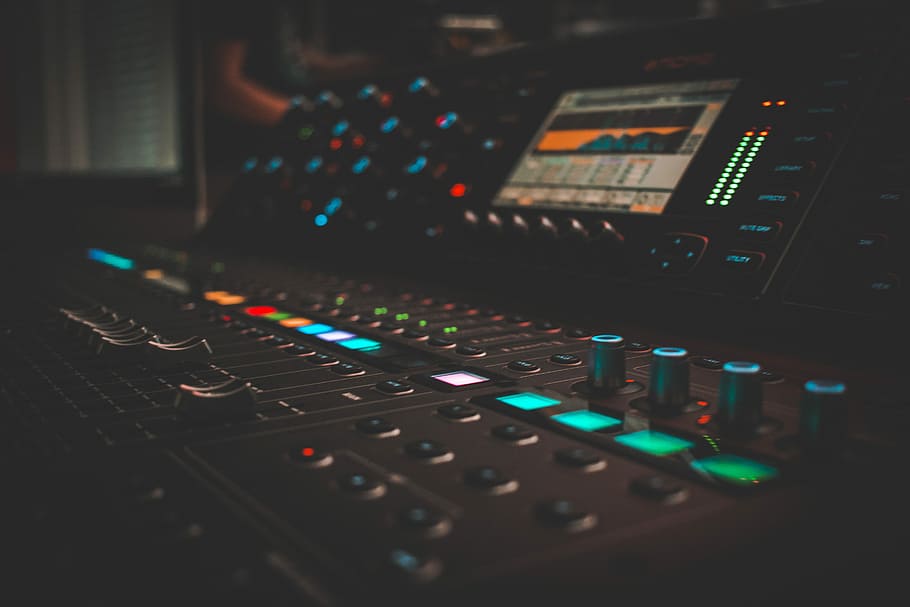 close-up photography of turned on audio mixer, photo of black and green lighted mixing console HD wallpaper