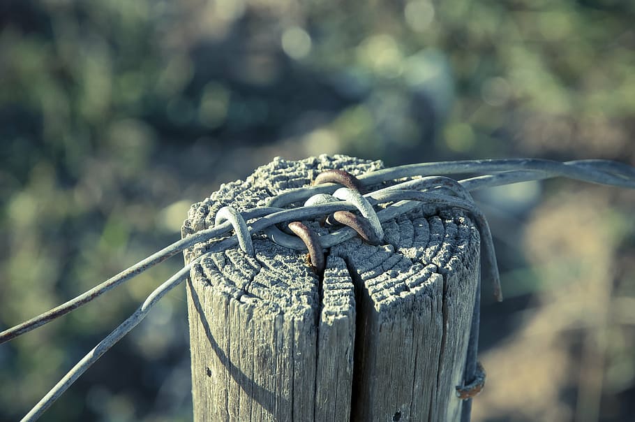 wire, post, fence, pile, demarcation, fence post, wiring, wood pile HD wallpaper