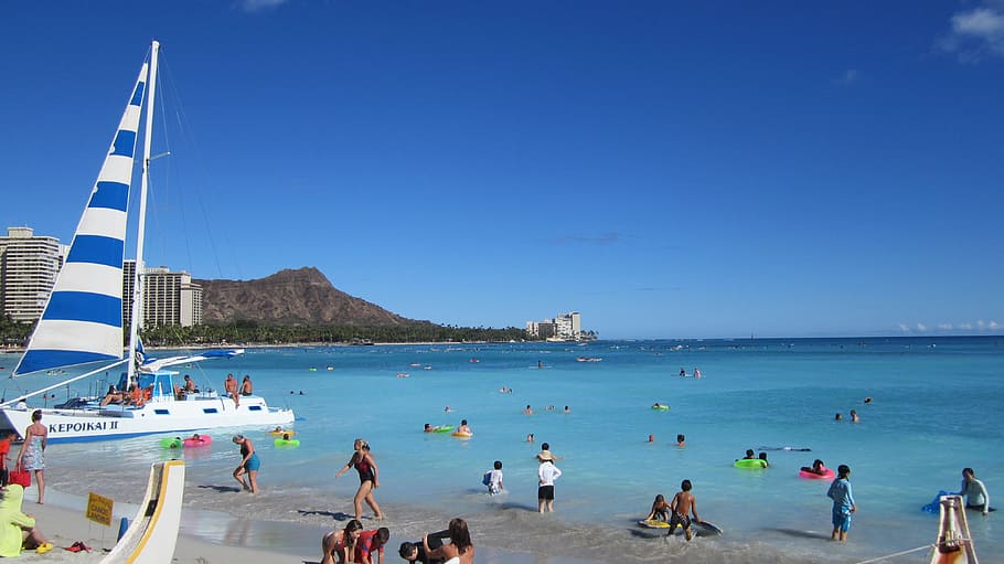 people at beach, hawaii, sun, sea, water, land, group of people HD wallpaper