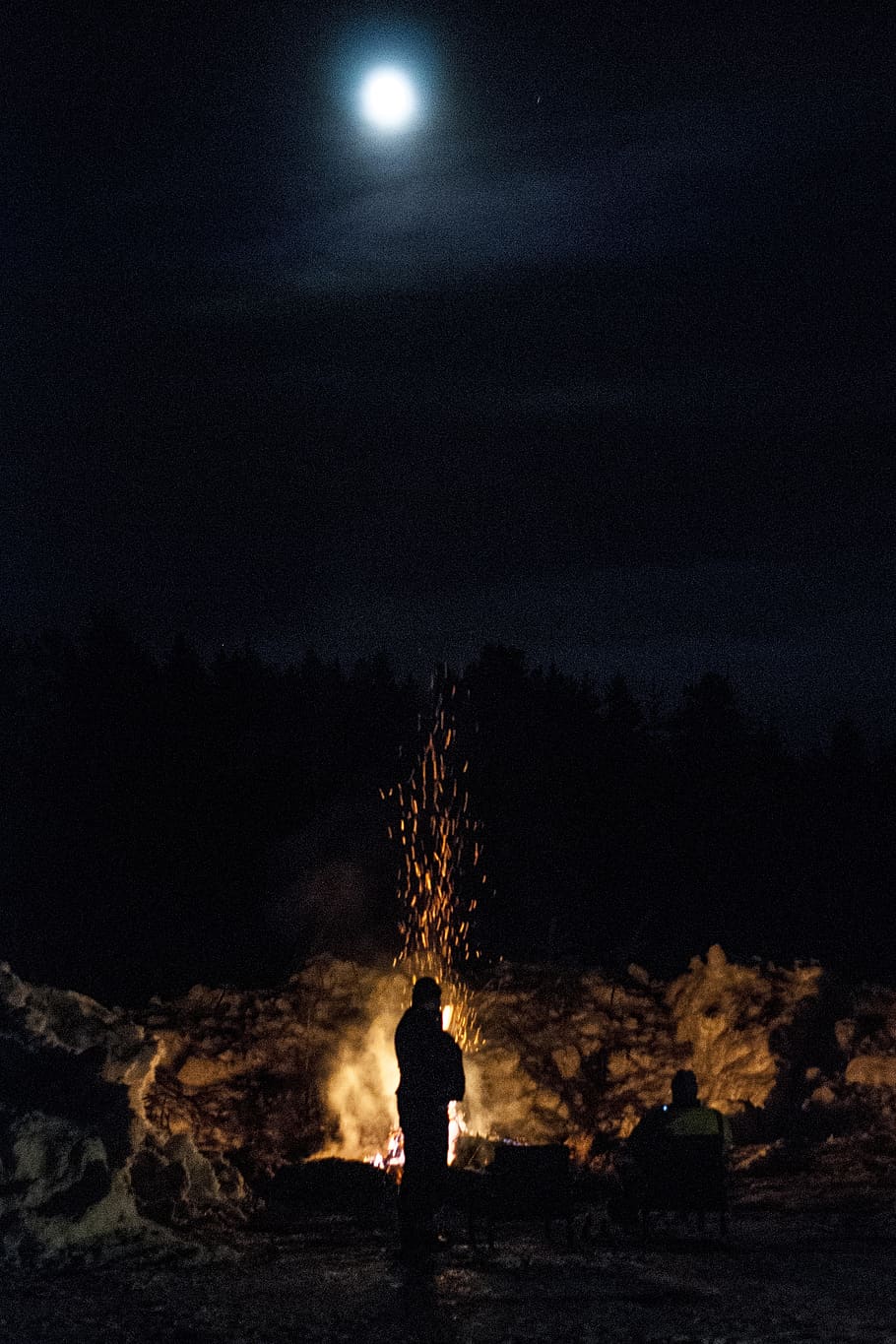 fire, bonfire, campfire, flame, night, silhouette, real people HD wallpaper