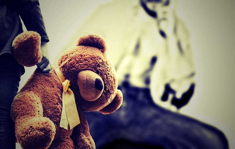 person holding brown bear plush toy, child, abuse, fear, stop