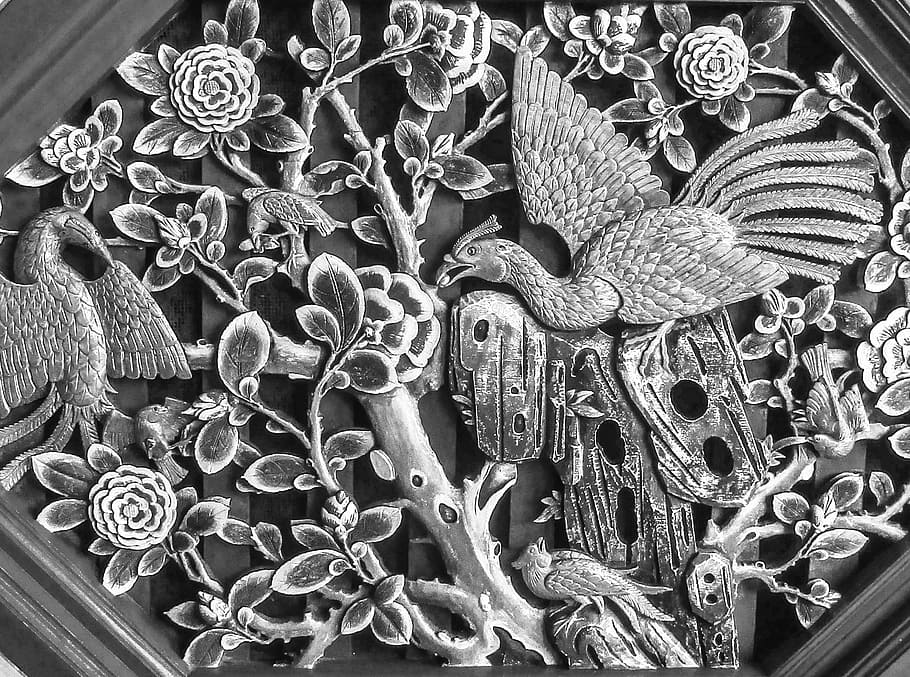 black and white, pattern, texture, bird, flower, decoration HD wallpaper