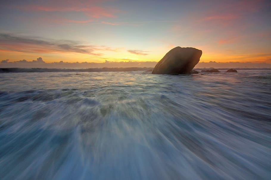 beach, dawn, dusk, nature, ocean, rocks, sea, seascape, seashore HD wallpaper