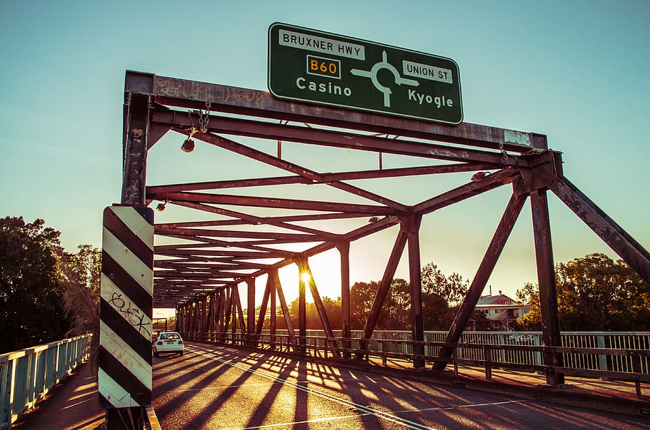bridge, rustic, road, traffic, sign, text, sky, western script HD wallpaper
