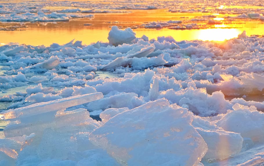 river, sunset, winter, ice, frost, sunrise, stones, in the morning HD wallpaper