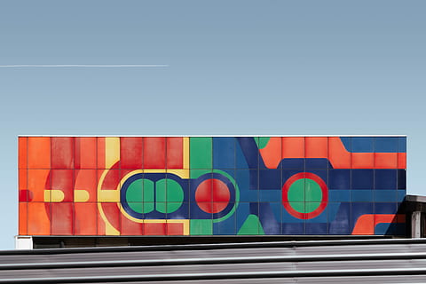 abstract painting, red and blue building, wall, art, shape, architecture HD wallpaper