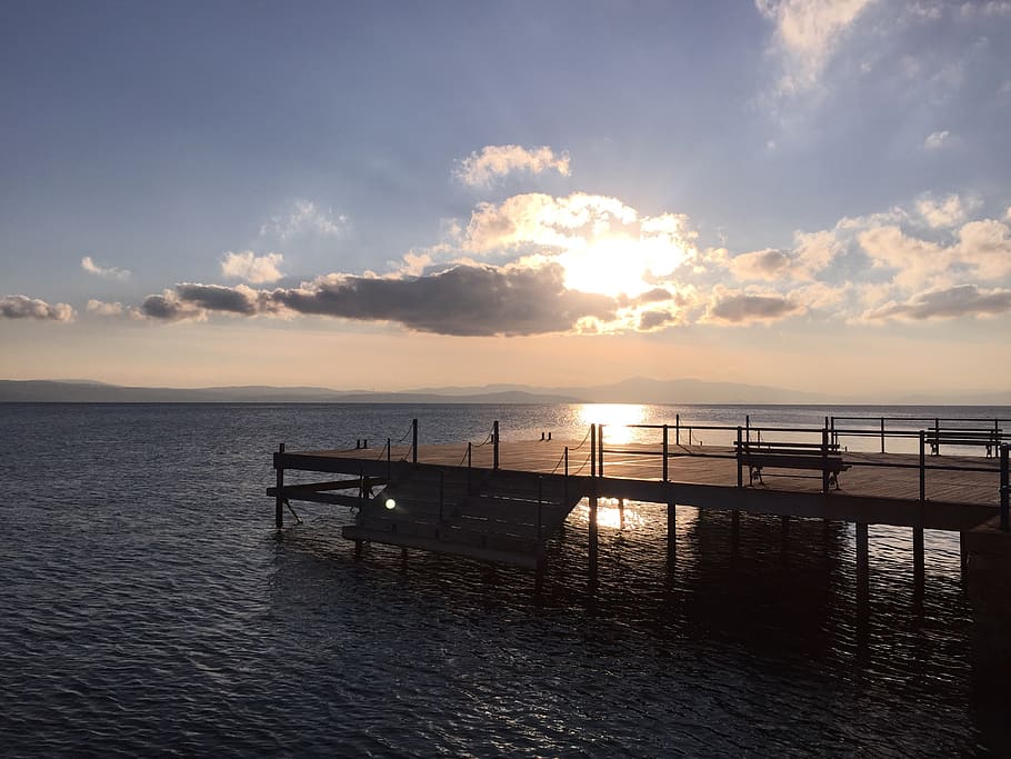 horizon, dock, sky, landscape, sea, marina, water, beauty in nature HD wallpaper