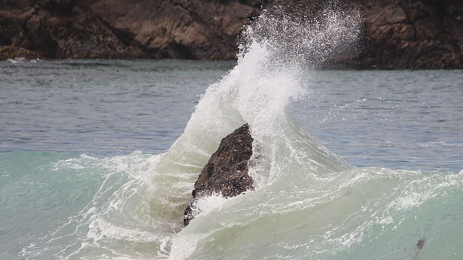 rock, ocean, harmony, water, motion, sea, splashing, day, nature HD wallpaper
