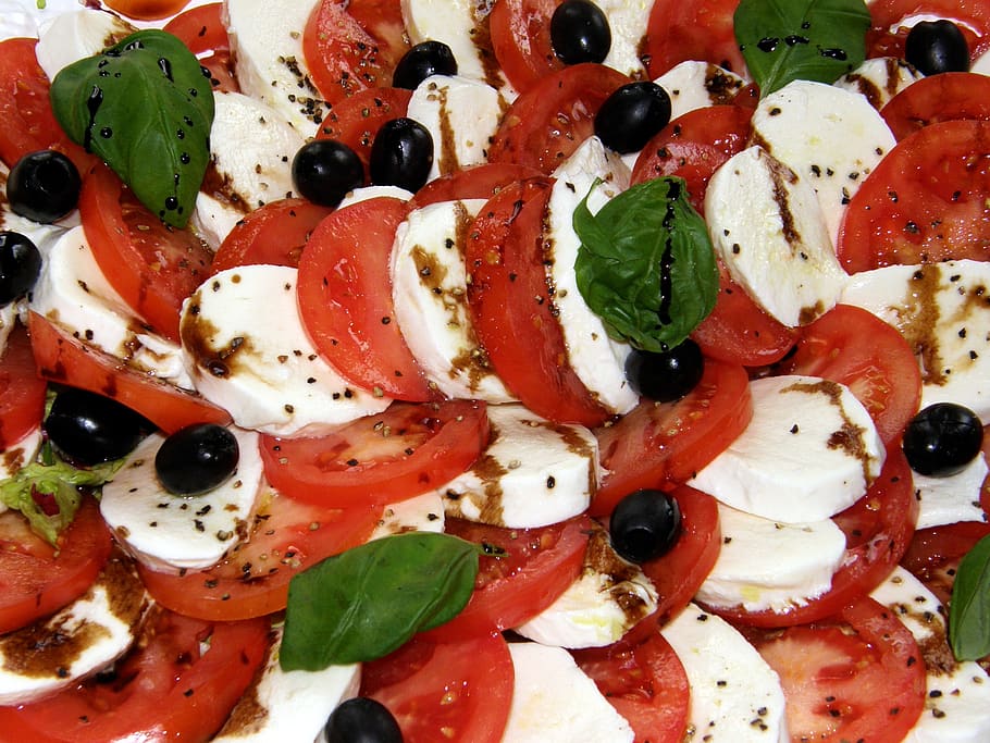 tomato, mozarella, olives, italian, food, delicious, salad, HD wallpaper