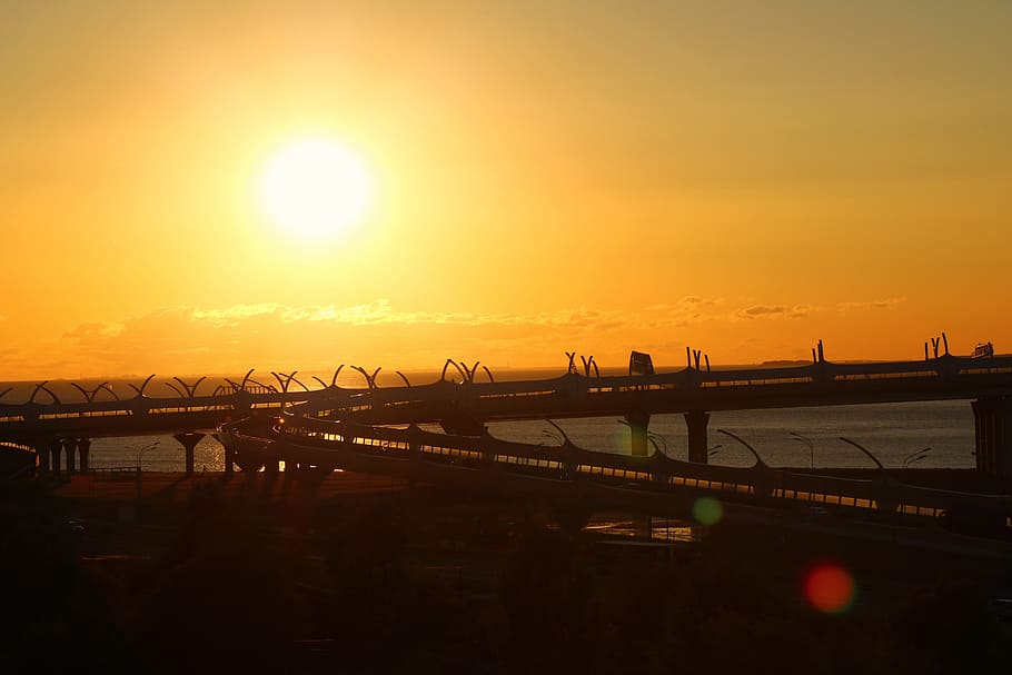 sunset, sky, clouds, city, landscape, transportation, nature HD wallpaper