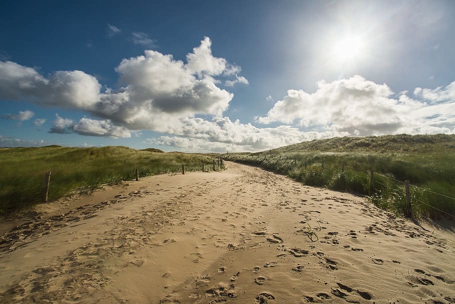 footprints on sand at daytime, dune, dunes, sand dune, sea HD wallpaper