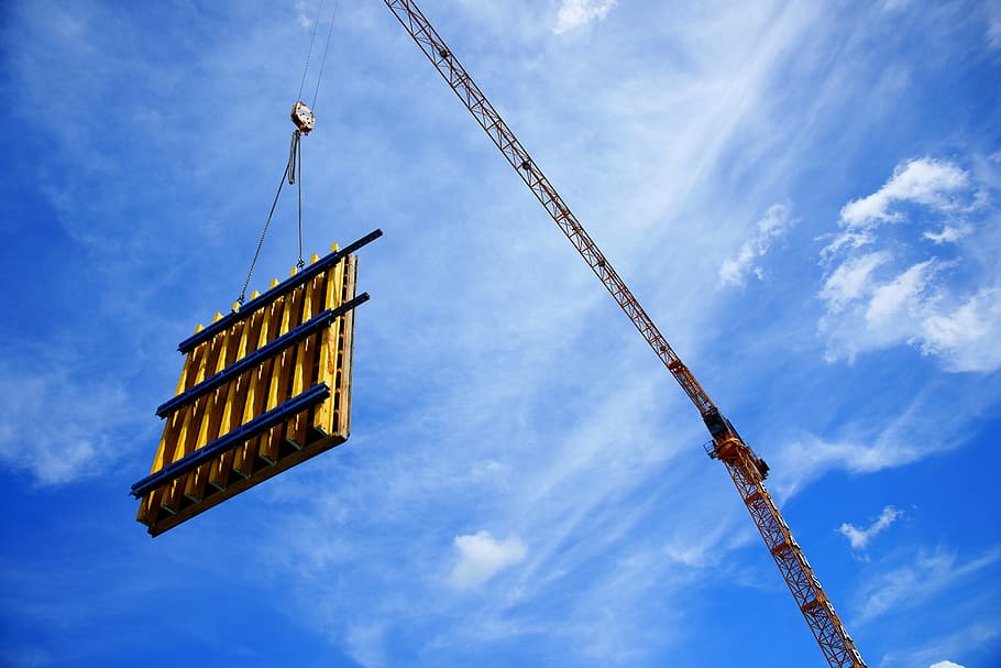 Construction, Crane, Yellow, blue, worker, high, heavy, sky HD wallpaper