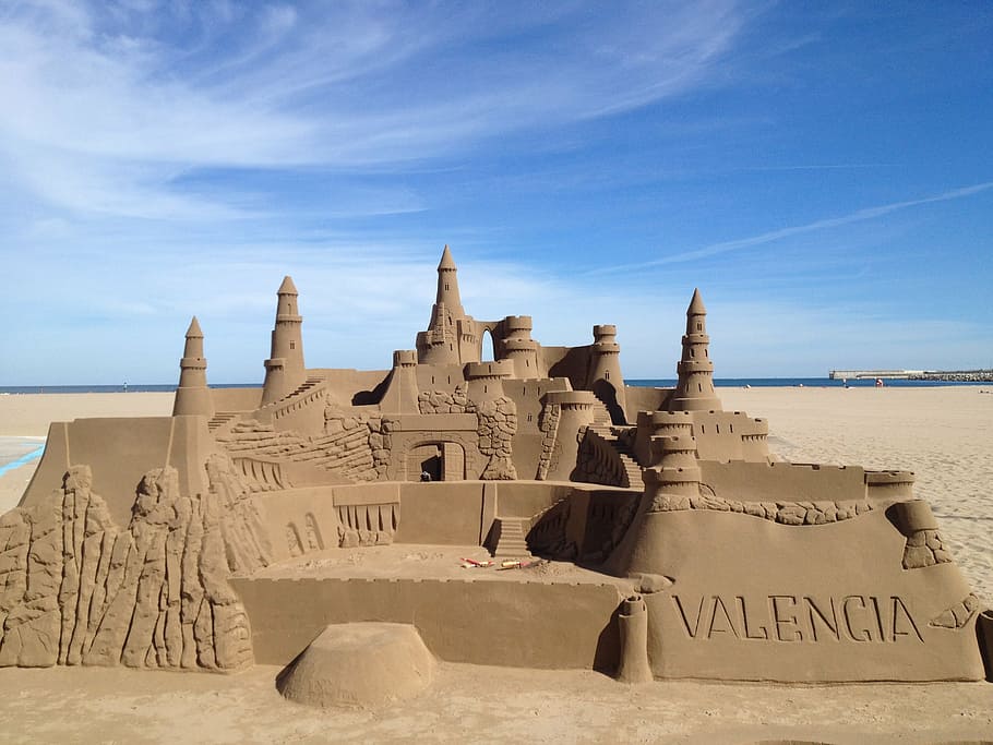 Valencia sand castle, sandcastle, beach, sea, sky, land, architecture HD wallpaper