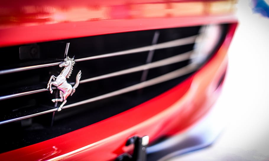 close-up photo of Red Ford Mustang grille, ferrari, car, performance HD wallpaper