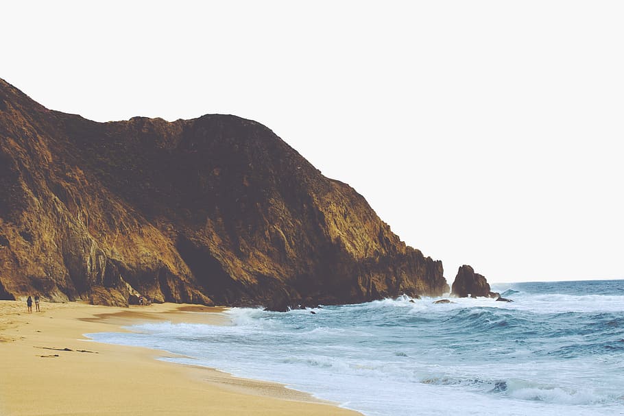 ocean near mountain, seashore, Crashing, Waves, sand, beach, water HD wallpaper