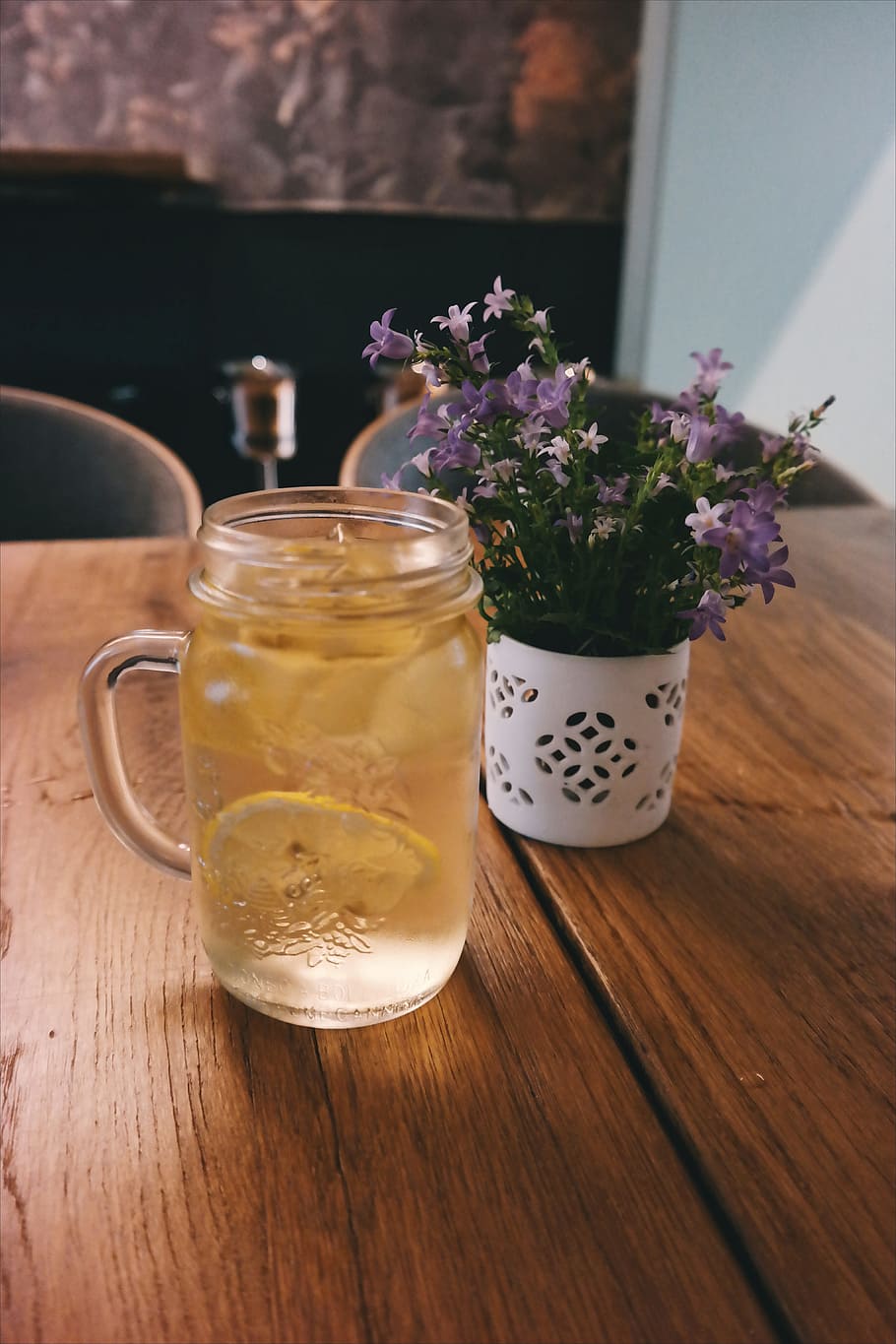 wood, cup, mug, flowers, blur, chair, close-up, container, drink HD wallpaper