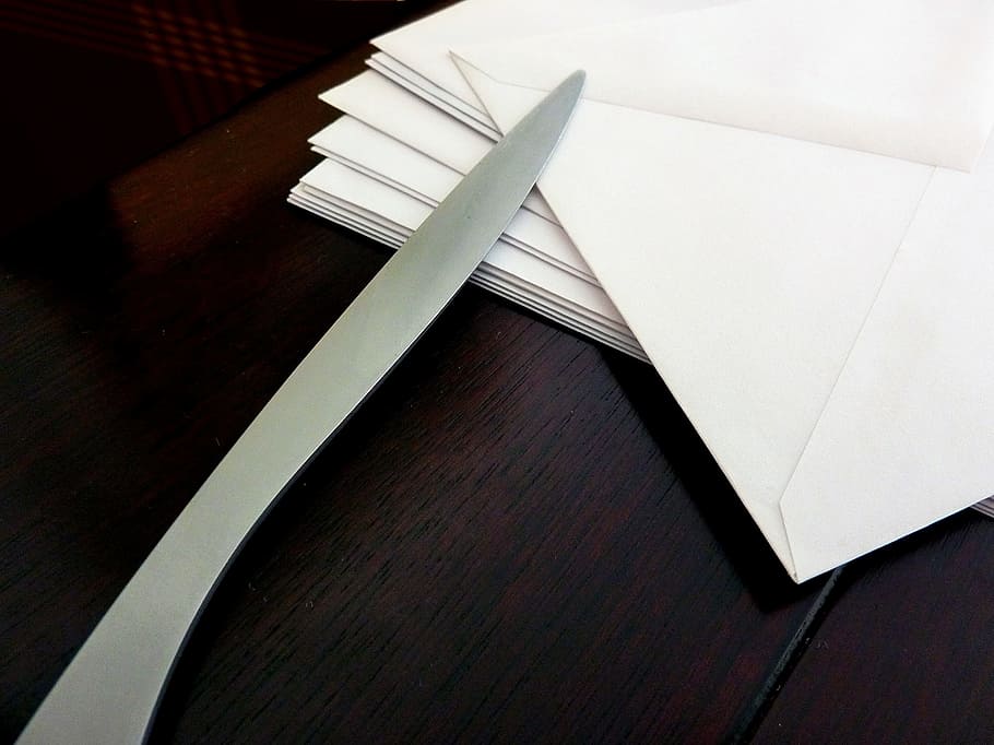 white envelope, letters, mailbox, paper knife, office, feather HD wallpaper