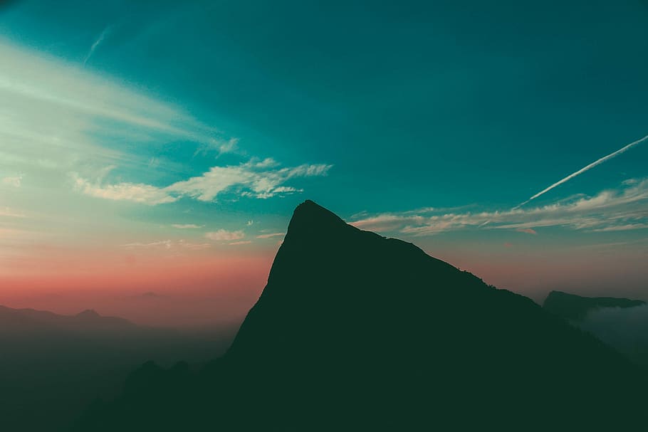 silhouette photography of mountain, silhouette of mountain peak HD wallpaper