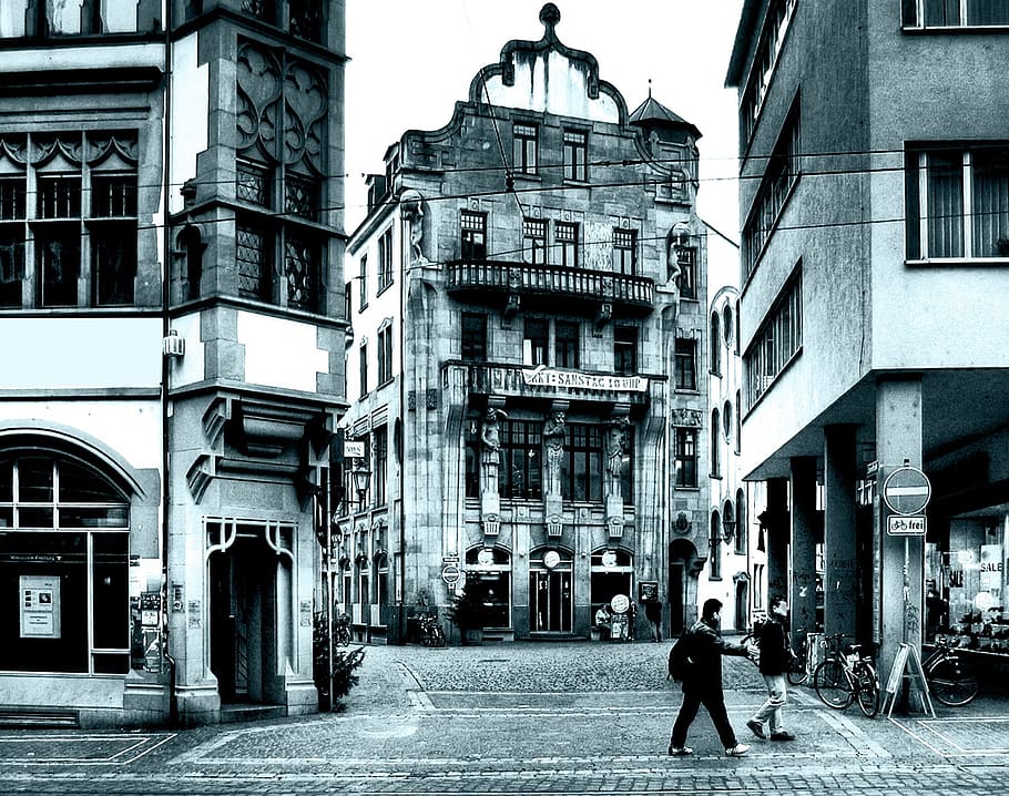grayscale photography of landmark, freiburg, city, germany, road, HD wallpaper