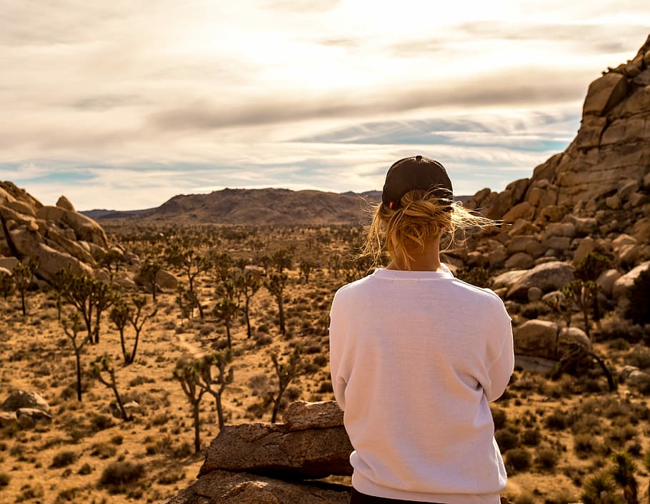 Desert Silence, man standing on mountain peak, rock, cliff, landscape HD wallpaper