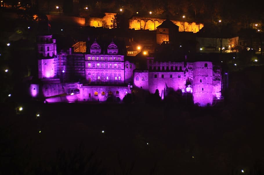 heidelberg, castle heidelberg, castle illuminations, purple lighting, HD wallpaper