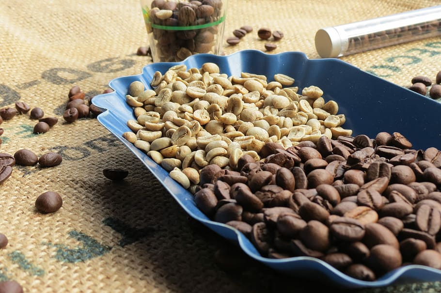 nuts on tray on brown surface, Coffee Beans, Green Coffee, comparison HD wallpaper