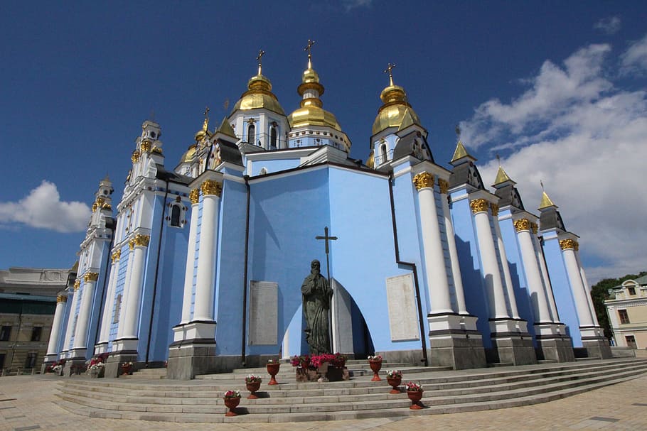 Kiev, Ukraine, Church, St Michael, blue, statue, building, architecture, HD wallpaper