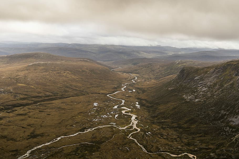 aerial shot of road, aerial photography of mountain range with river HD wallpaper
