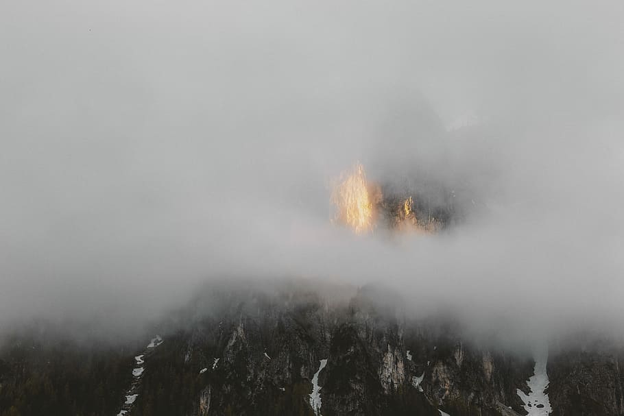 mountain covered with fog at daytime, mist, cloud, snow, cold HD wallpaper