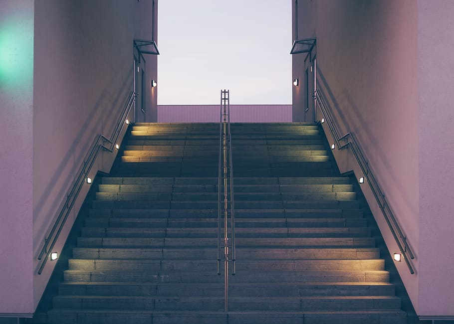 gray concrete stairs, steps, symmetry, dark, dusk, lights, rails HD wallpaper