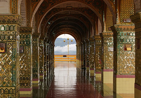 Buddhism, Monastery, Corridor, arch, pillars, architecture HD wallpaper