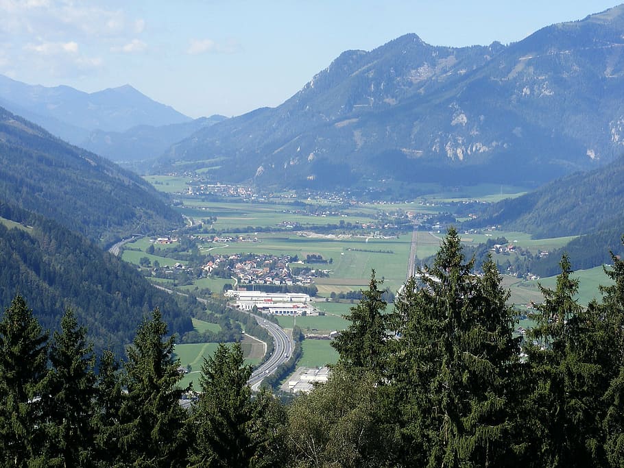 austria, styria, mountains, valley, ravine, town, village, buildings HD wallpaper