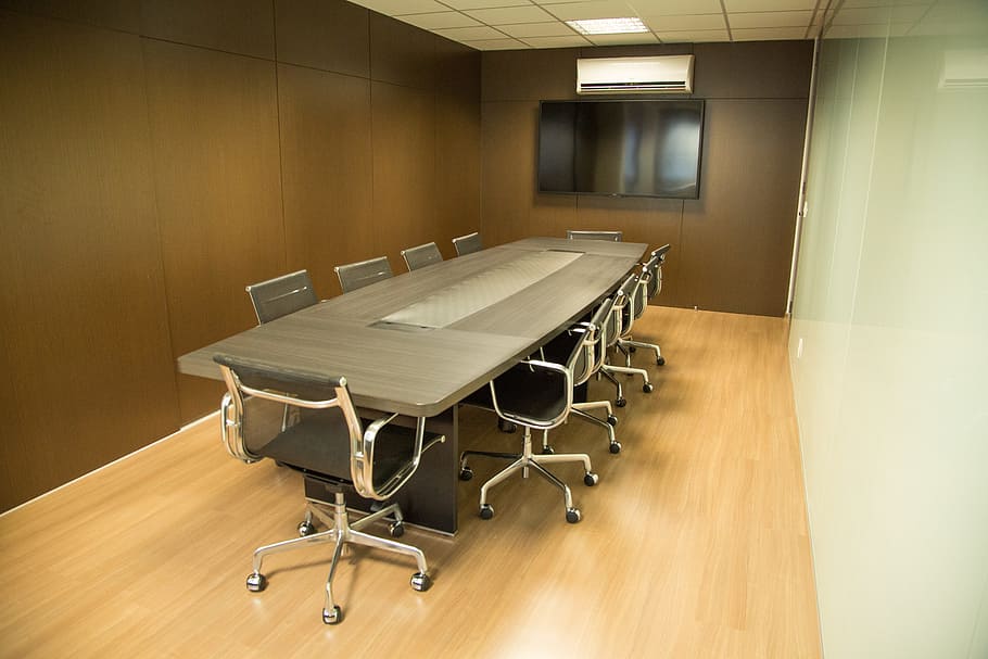 rectangular gray wooden panel table with chairs, Office, Work HD wallpaper