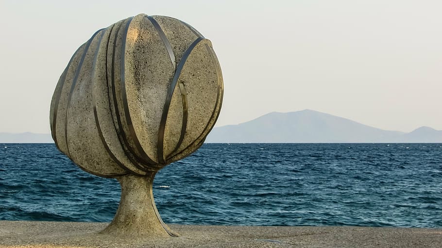 greece, volos, anavros park, sculpture, art, modern, water, HD wallpaper