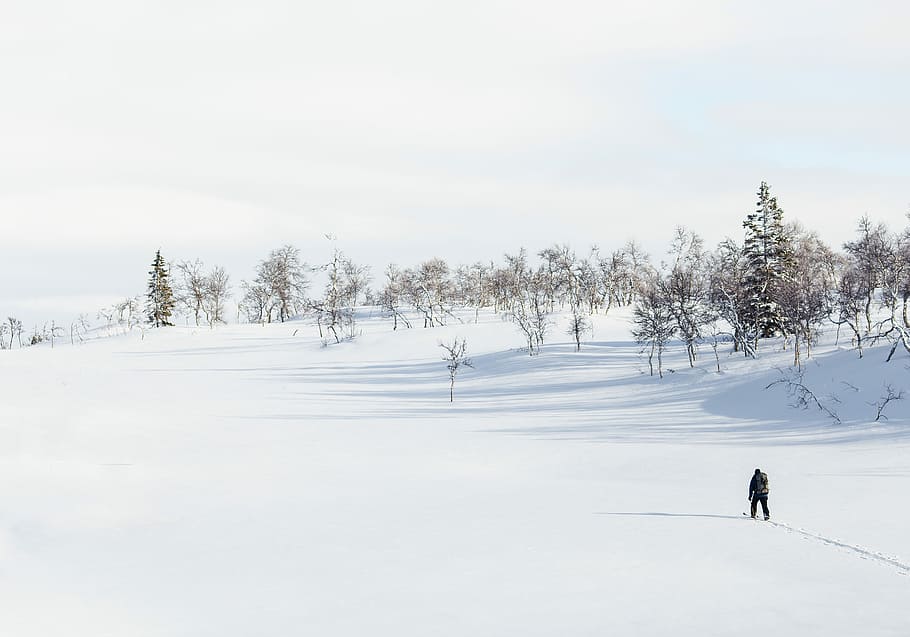 man walking on snow field during daytime, man walking on snow during daytime HD wallpaper