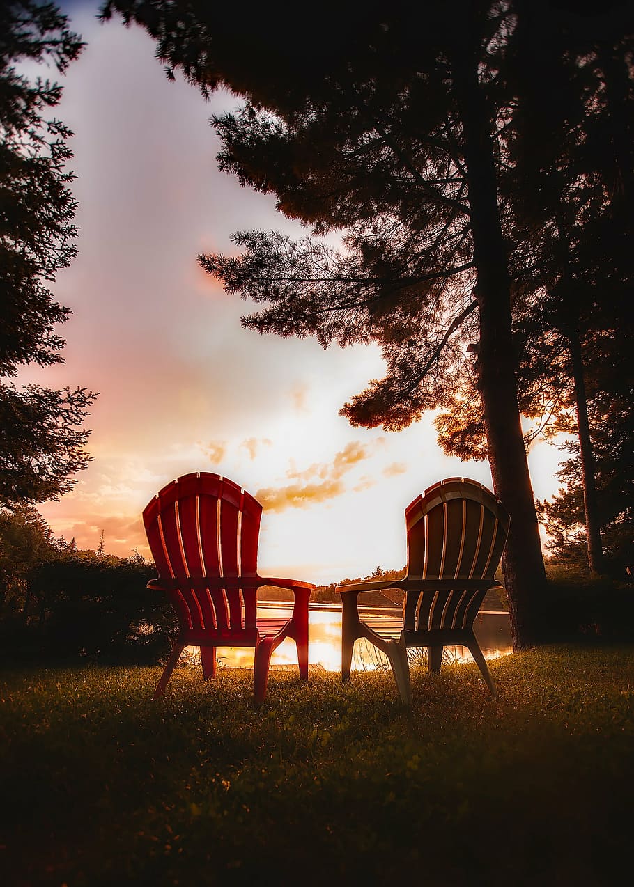 two adirondack chairs near tree, canada, sunset, sky, clouds HD wallpaper