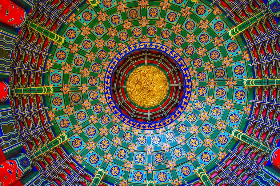 photography of multicolored artwork, temple, abstract, ceiling HD wallpaper