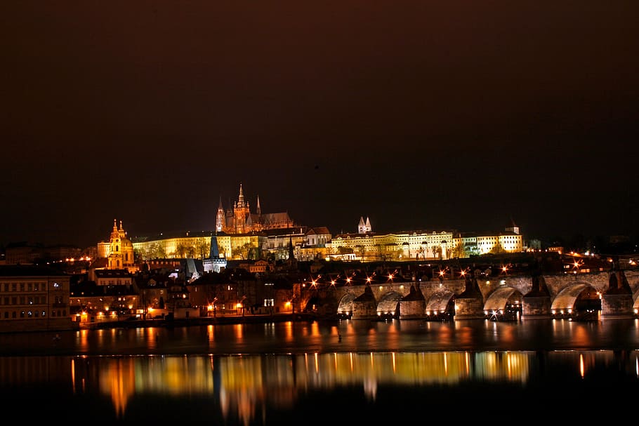 city during night time, charles bridge, prague castle, vltava river, HD wallpaper