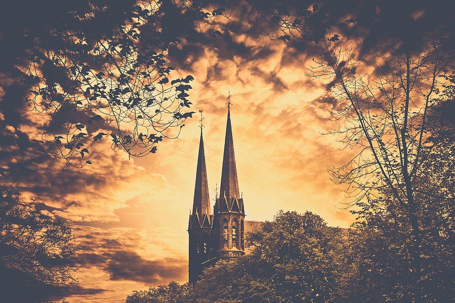building, cathedral, architecture, sunset, sky, clouds, trees HD wallpaper