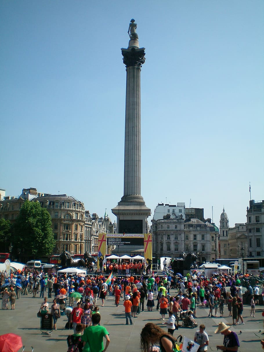 england, london, column, trafalgar square, crowd, large group of people, HD wallpaper