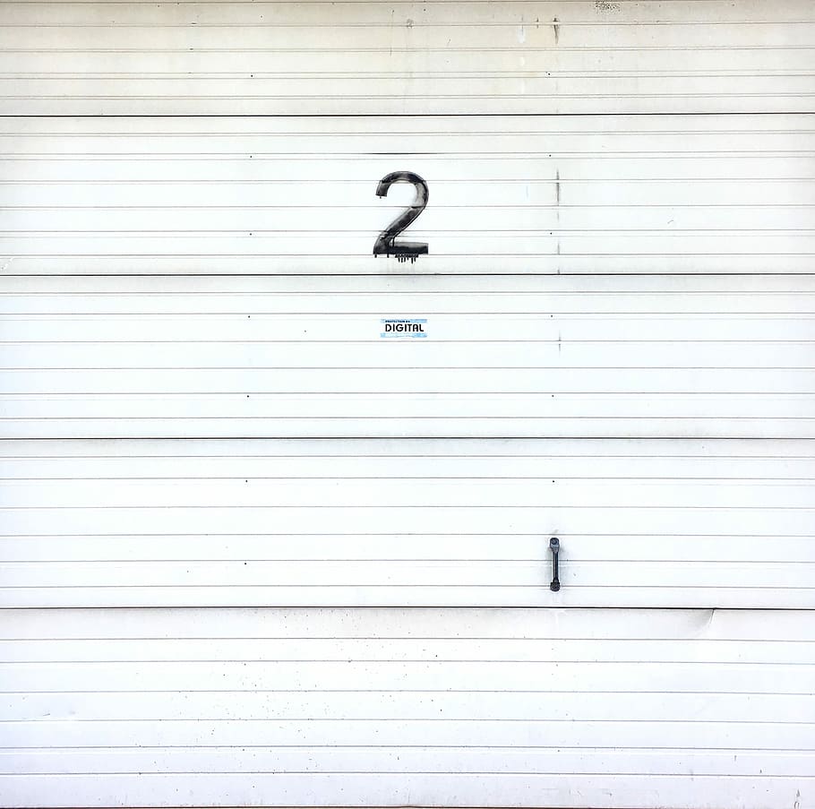 white metal wall with 2 print, CAPTCHA, garage door, shed, number, HD wallpaper