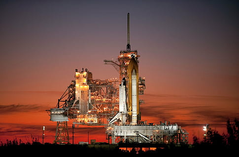 atlantis, space shuttle, rocket, launch pad, evening, night HD wallpaper